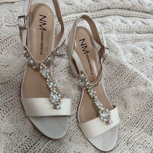 Neiman Marcus Ivory Pearl & Crystal T-Strap Sandals